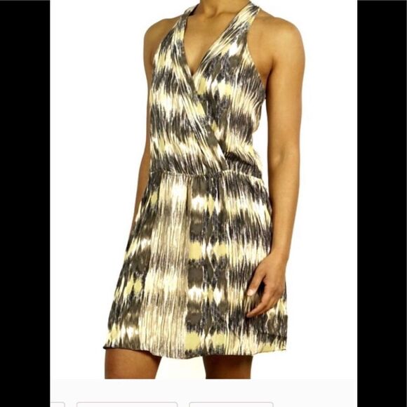 PARKER brown yellow 100% silk mini dress S - Picture 1 of 7